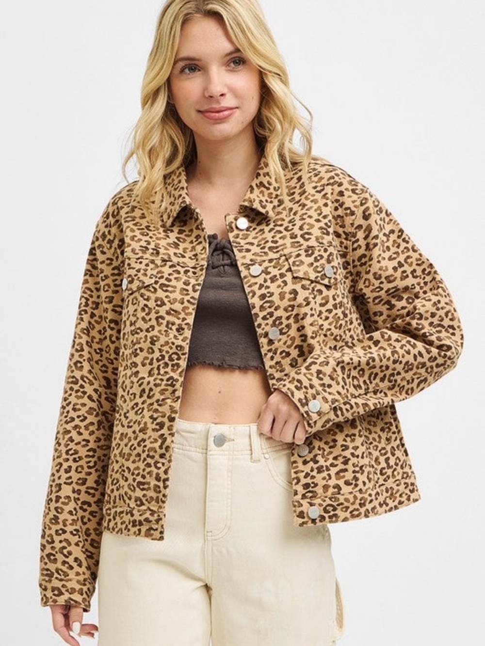 NWT RISEN Oversized Leopard Print Tan Denim Jacket - Women's Casual Coat